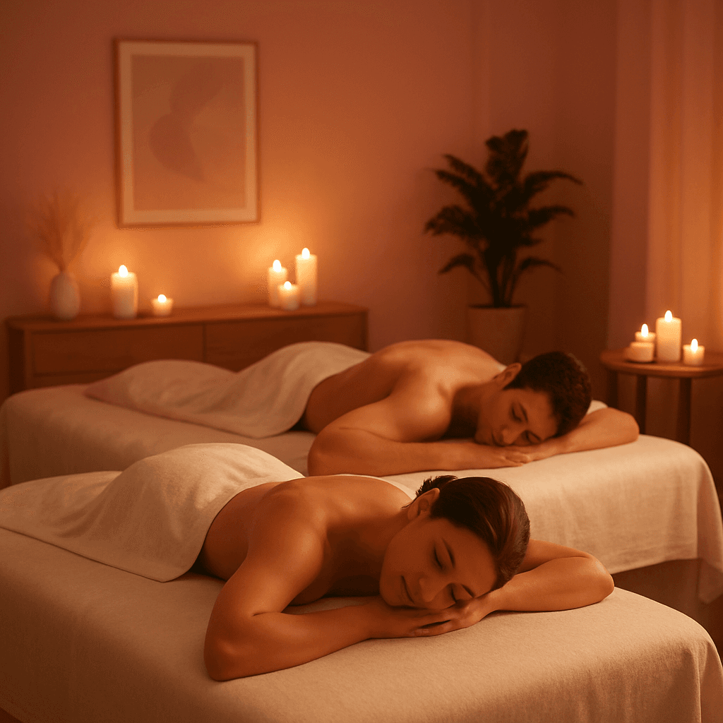 Couples massage room with two massage tables side by side in a peaceful spa setting
