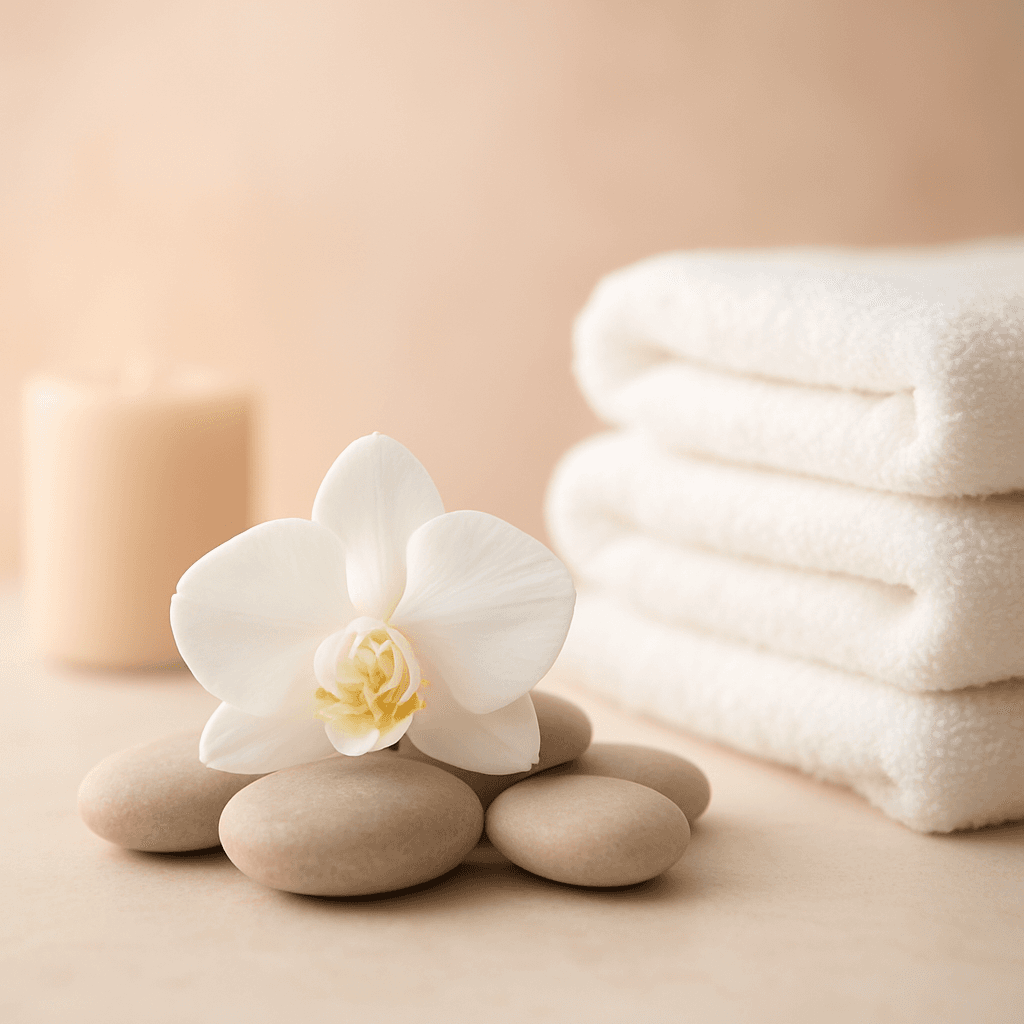 Serene spa environment with smooth stones and white orchid, representing the calm atmosphere at Happy Feet & Spa